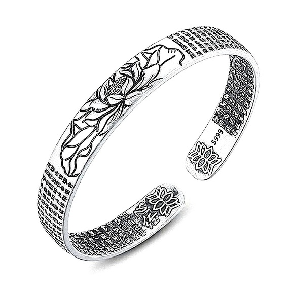 Unisex‎ Lotus Heart Sutra 999 Silver Cuff Bracelet, Size Adjustable - Picture 1 of 12